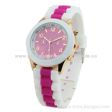 Women's Geneva Sport Silicone Band Jelly Gel Quartz Wrist Watch Pink with Tree Crowns and Sub Dials